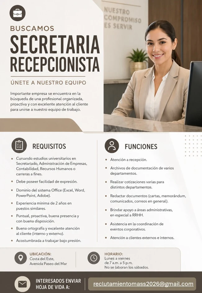 Imagen original de la oferta de SECRETARIA RECEPCIONISTA en No se Declara Empresa