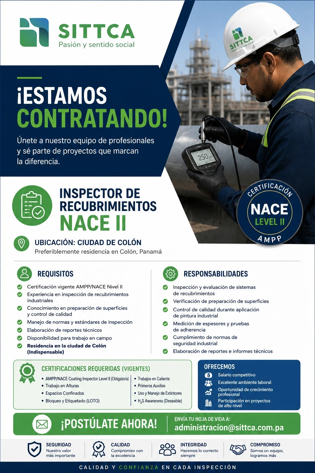 Imagen original de la oferta de INSPECTOR DE RECUBRIMIENTOS NACE II en SITTCA