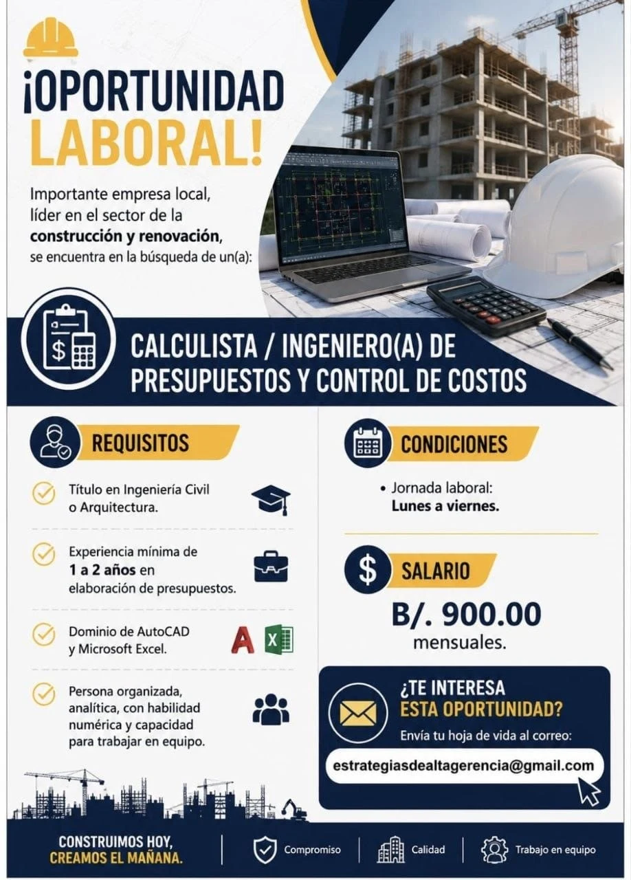 Imagen original de la oferta de CALCULISTA / INGENIERO(A) DE PRESUPUESTOS Y CONTROL DE COSTOS